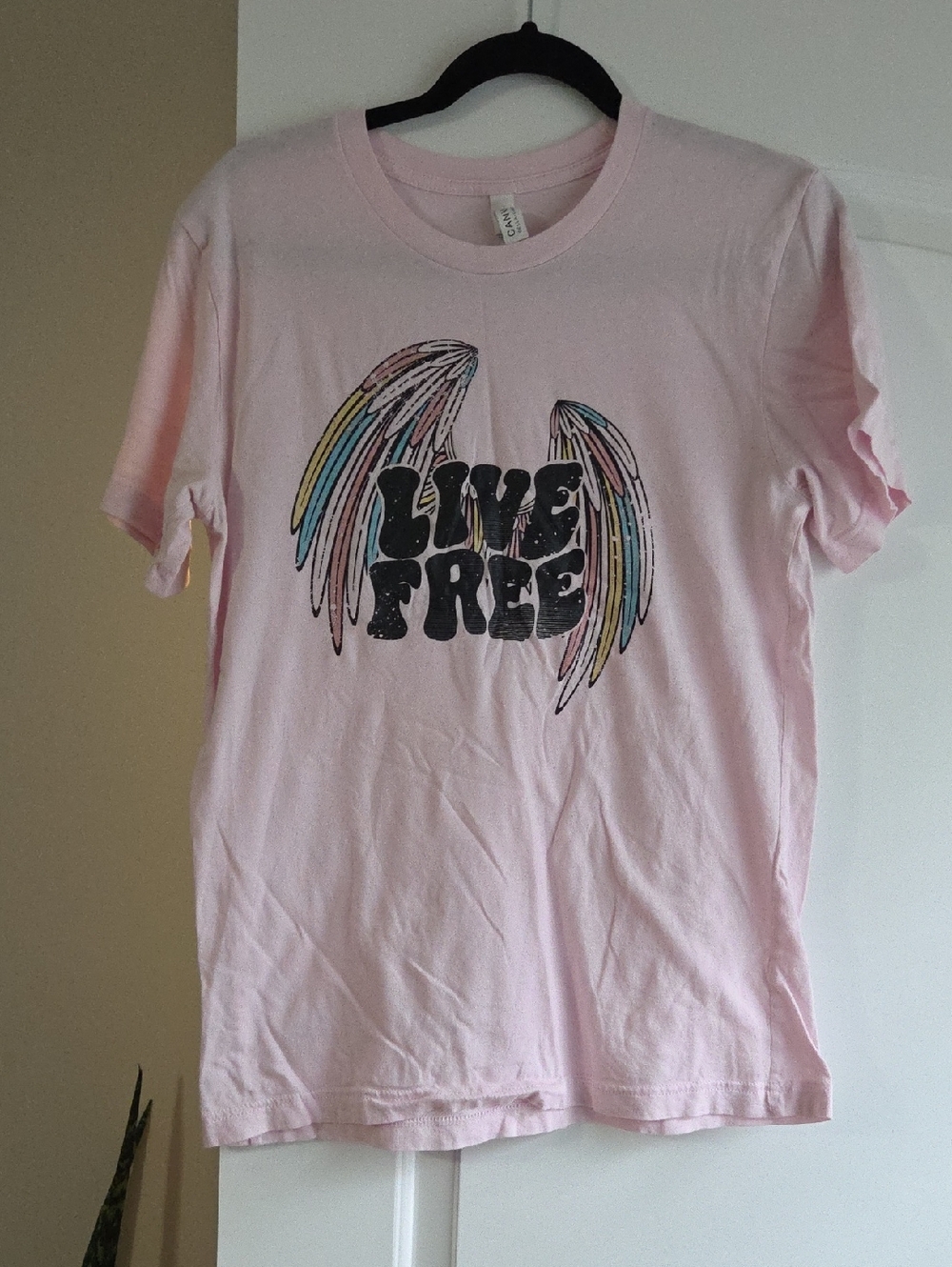 Bella Canvas Light Pink 'Live Free' Graphic Tee with Rainbow Wings